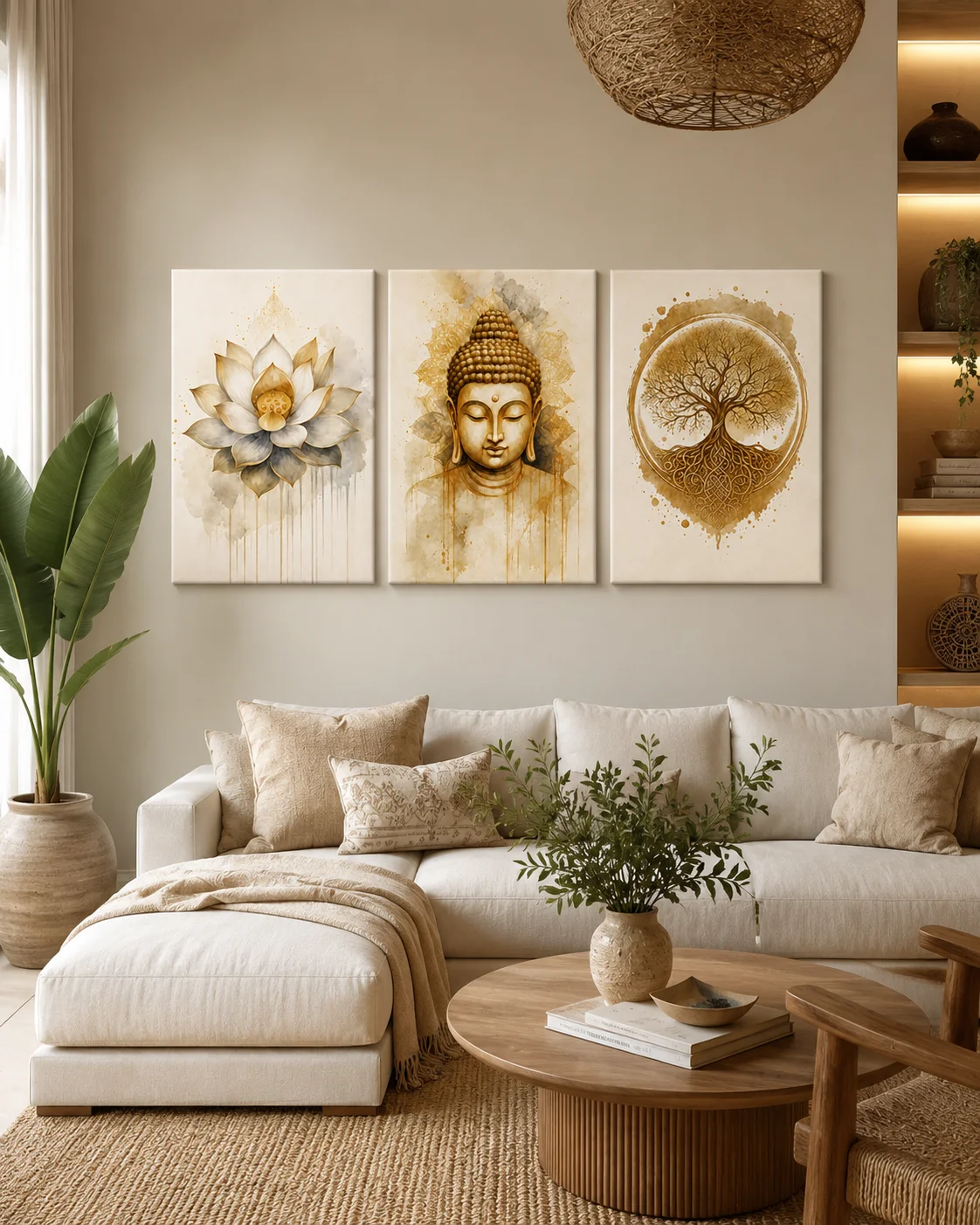 Spirituális Harmónia – 3 Részes Buddha Vászonkép enteriőrben